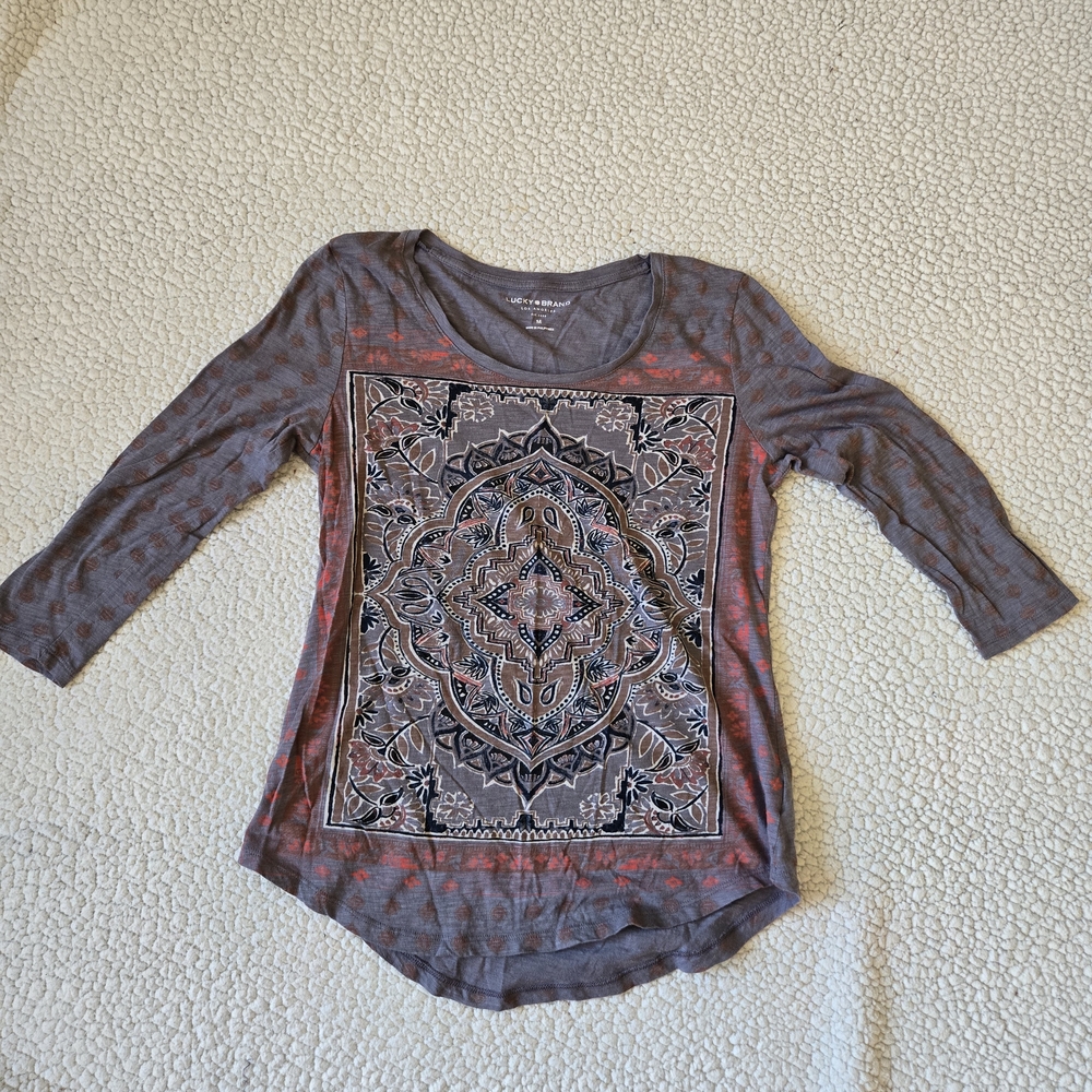 Lucky Brand Gray Patterned Long Sleeve Top